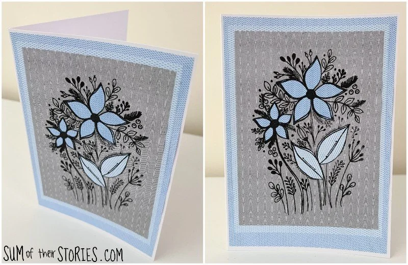 greeting card made with floral stamped image and  decoupage made from old envelopes
