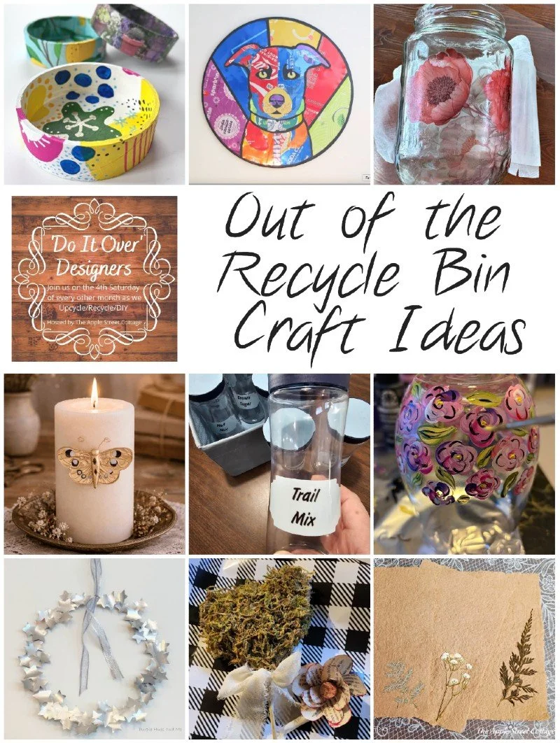 collage of crafts made from items saved from the recycle bin