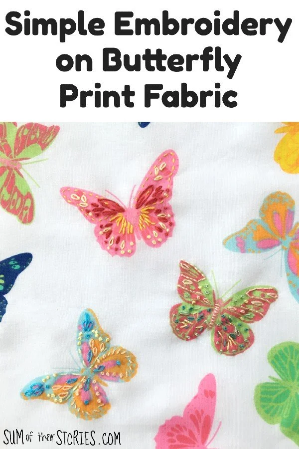 simple embroidery on butterfly print fabric