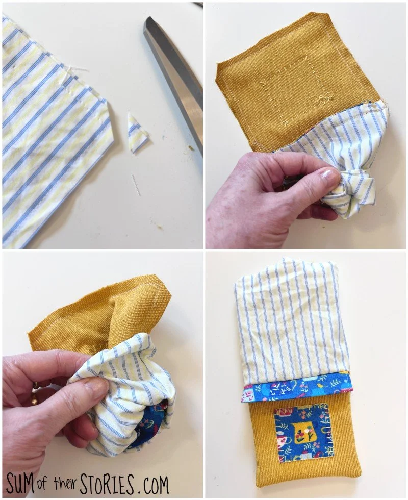 turning out a pouch through a gap in the lining