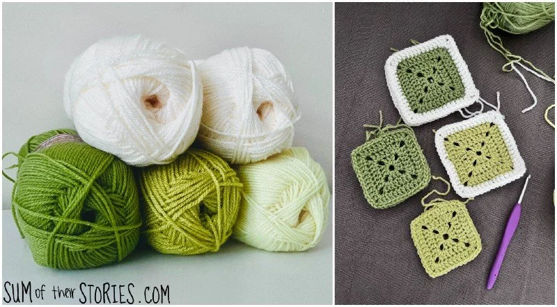balls fo green yarn and granny squares