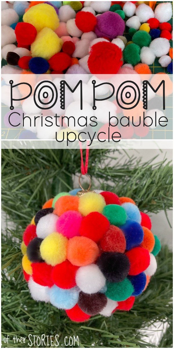 lots of colourful pom poms covering an old Christmas bauble