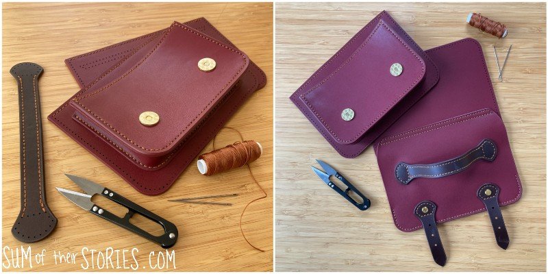 two photos of a leather mini satchel bag kit part constructed