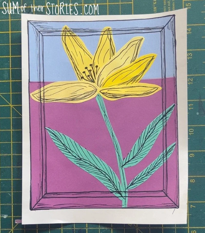 blue and purple paper collage with a yellow flower and added line doodle details