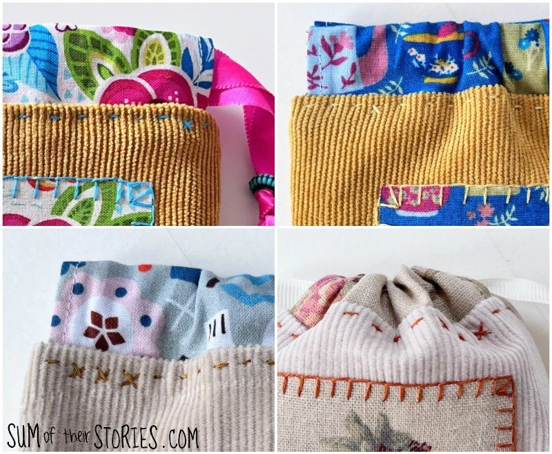 close up of hand stitching on a fabric pouch