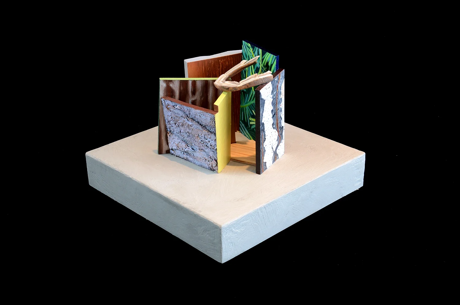 Wyo Junctures: Hidden Corral. 2014. Wood/Mixed Media/Oil. Shown at the Kirkland Art Center in a group show of participants from the Brush Creek Ranch Residency called “All Nine Legs”. This maquette was 10”x 10”x 8”.