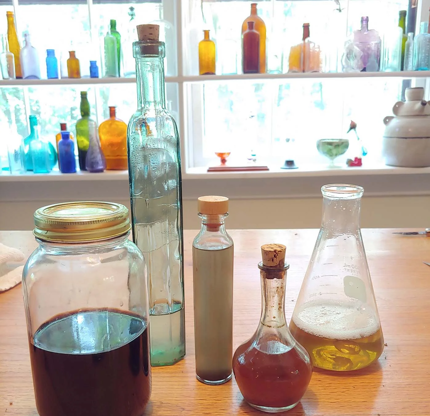 Ingredients for Iron Sumac Elixer ink: Sumac extract, birch water for purification, vitriol, rue for consecration, and dissolved gum. Photo by Thomas Little.