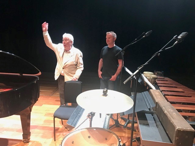 With Harrison Birtwistle on stage at the Queen Elizabeth Hall, London at the European premiere of 'Intrada for Piano and Percussion'.