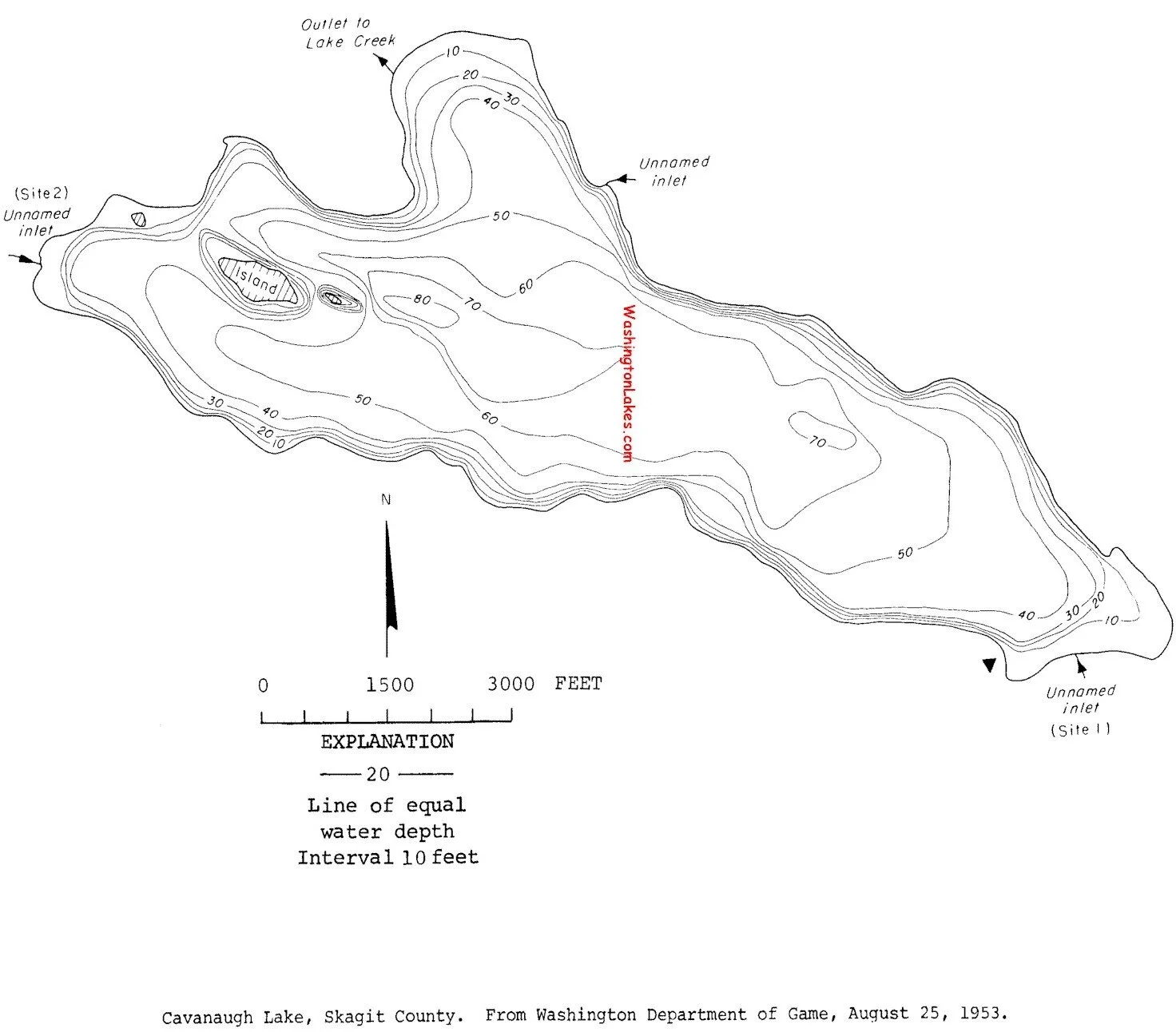 I started with a bathometric map of the lake, and decided to use 20 foot increments for the cribbage board rather than 10 foot so the finished project wouldn’t be too busy. 
