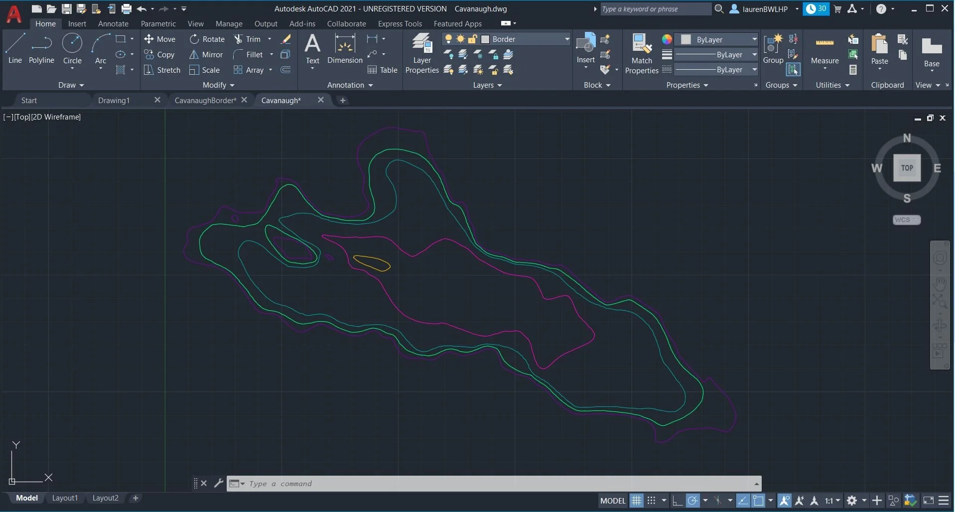  In order to create a 2D file, I traced each of the lines using the AutoCAD polyline tool. I then rounded each layer using the polyline>spline tool to give the lake a rounded, more organic shape. Doing this process manually for each layer maintain