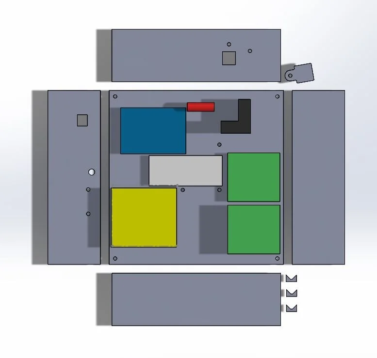  In order for the show to work properly, the laser needed to be well aligned with the galvos - and it was beneficial to have the rest of the components mounted as well. This screenshot shows my design for a protective casing for the whole project, in