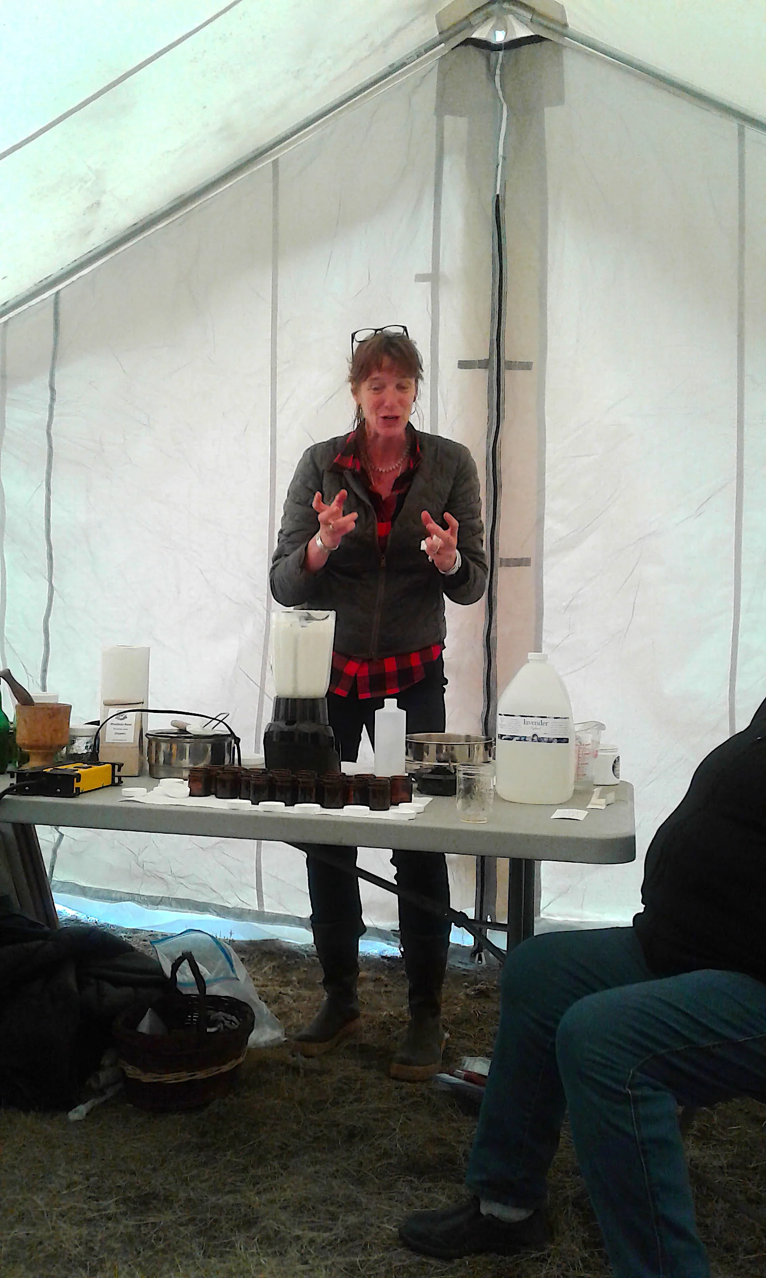 Beverley Gray at KFN Culture and Harvest Gathering Camp teaching us how to make arnica creams (2018 Aug)