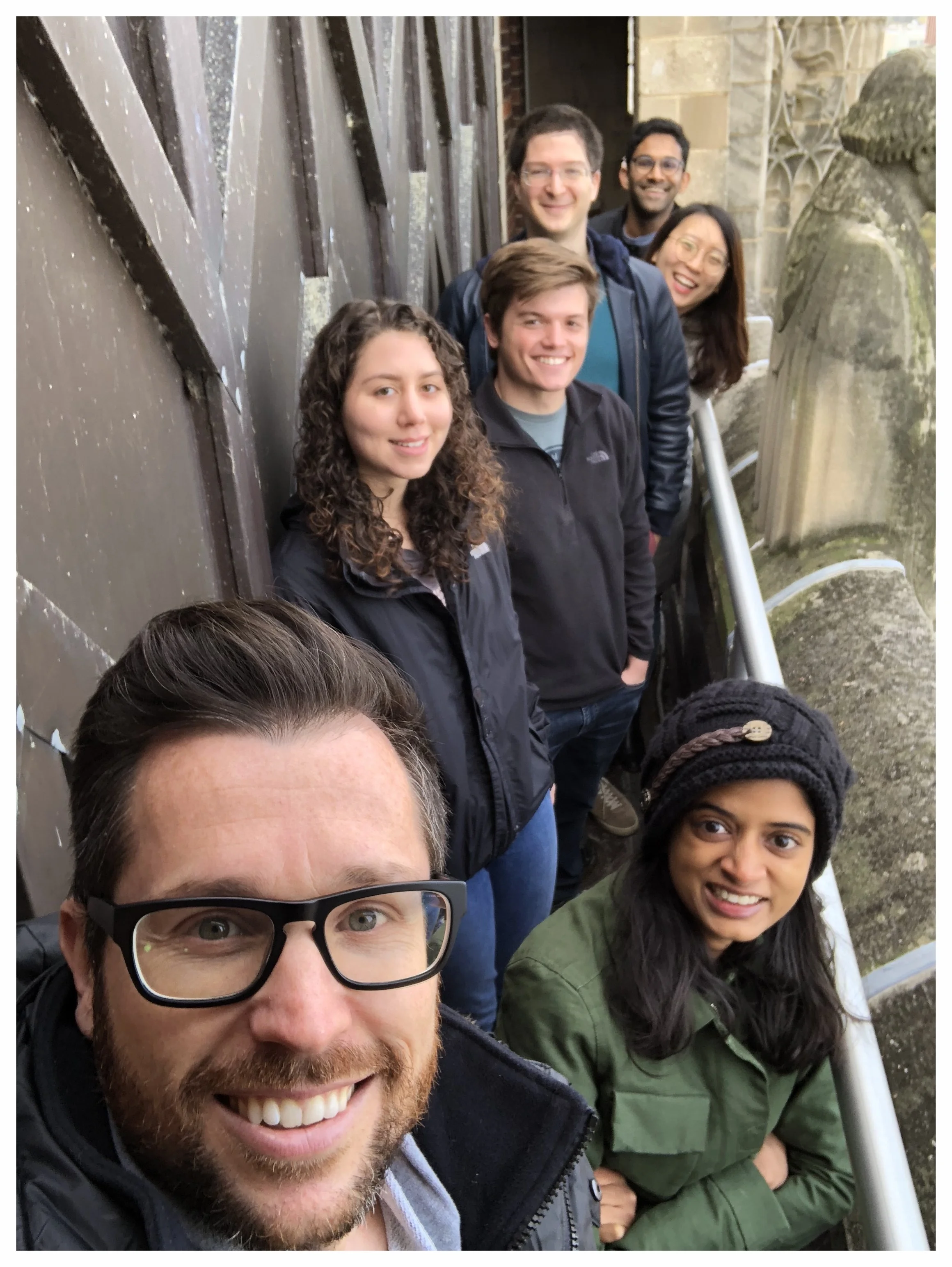 Fall 2018 on top of Rockefeller Chapel. From front to back: Mark; Seetha; Sophia; Chad; Antoine; Can; Chery