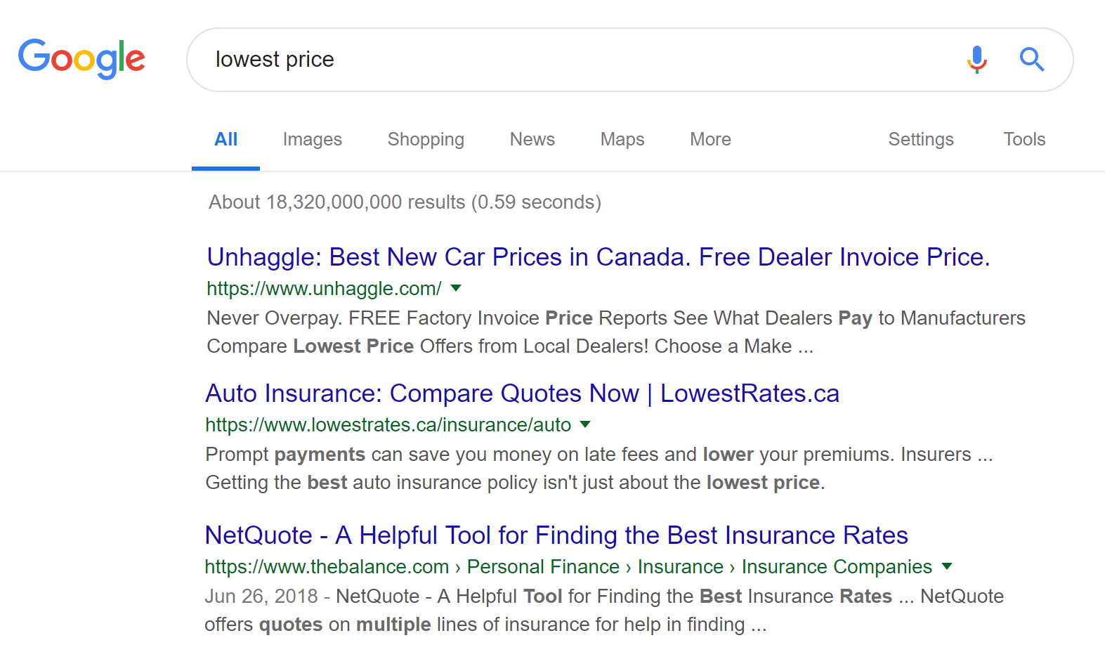 Figure 1: Google search of ‘pay lowest price’ shows the following results