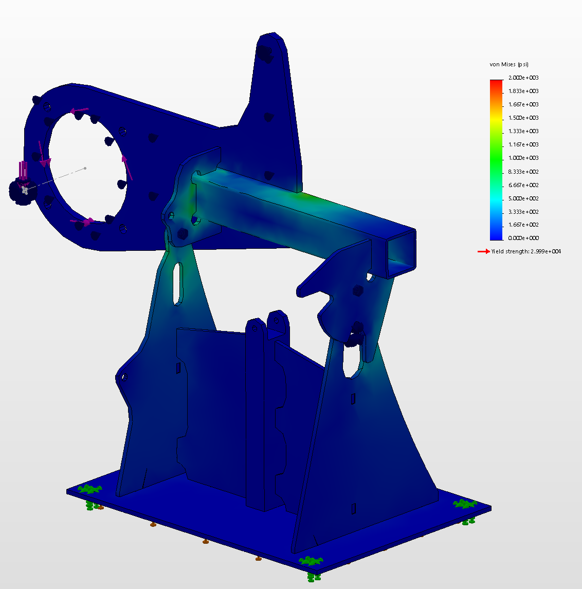 First design revision FEA results: Shows the von mises stress with a torsional load and weight applied by the motor