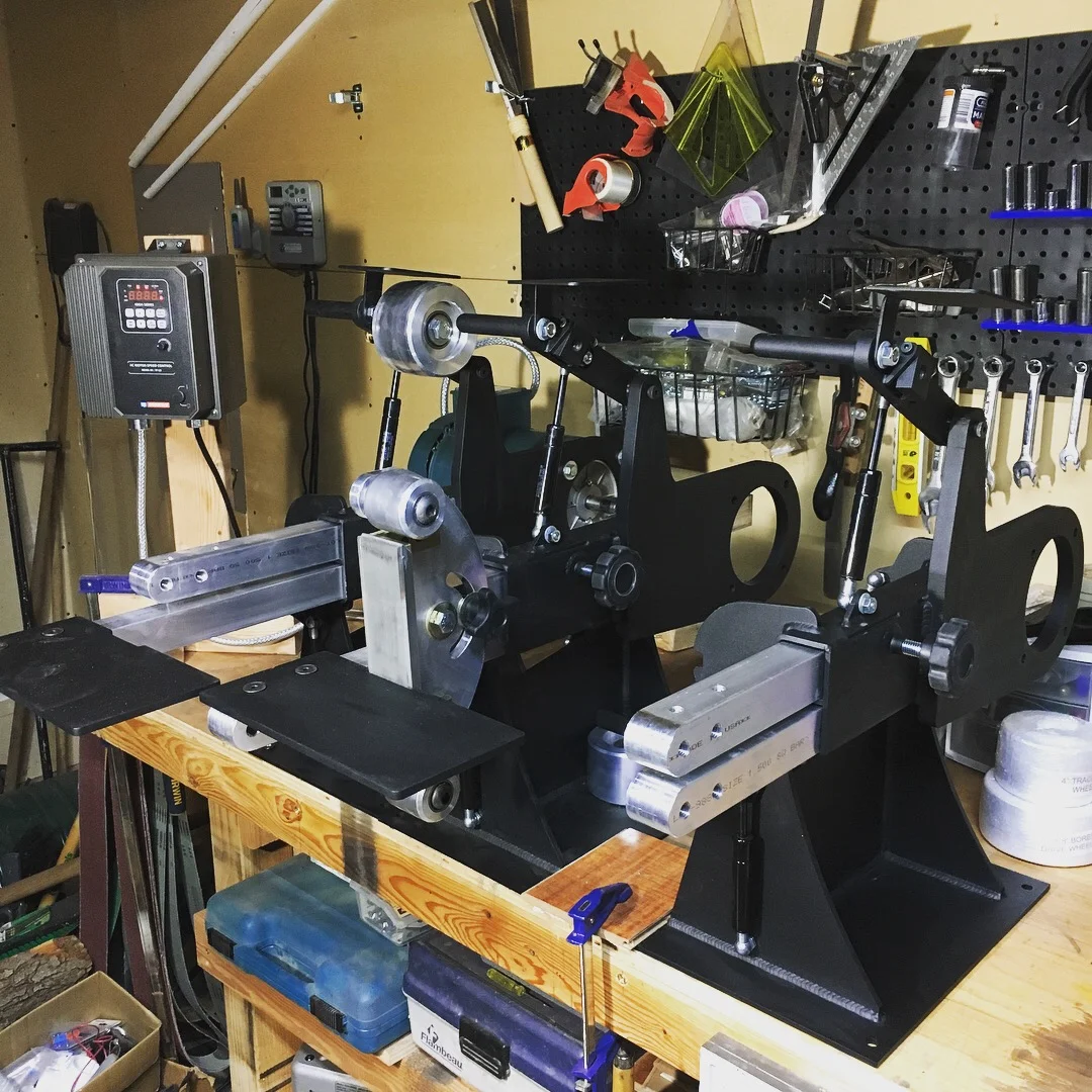 Grinder assembly in process. Middle grinder has the knifegrinderparts.com platen. Highly recommended if you are looking for a standard flat platen.