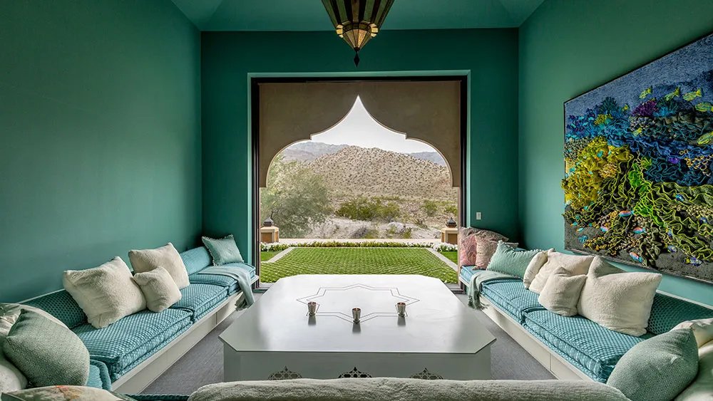 Casbah Cove’s 20-seat hookah lounge looks out over the California desert. 