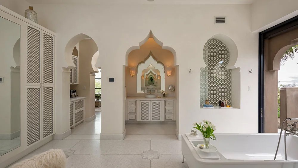 Moroccan influences are even in the master bath. 