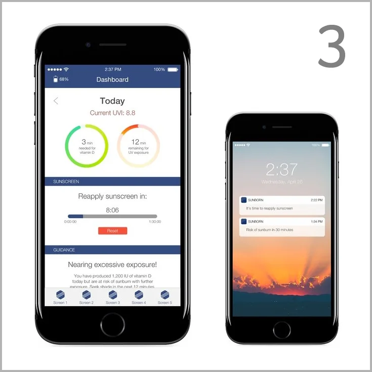 Sync and Update. Your phone updates your sun exposure and offers more detailed tracking, reminders and advice for your time in the sun.
