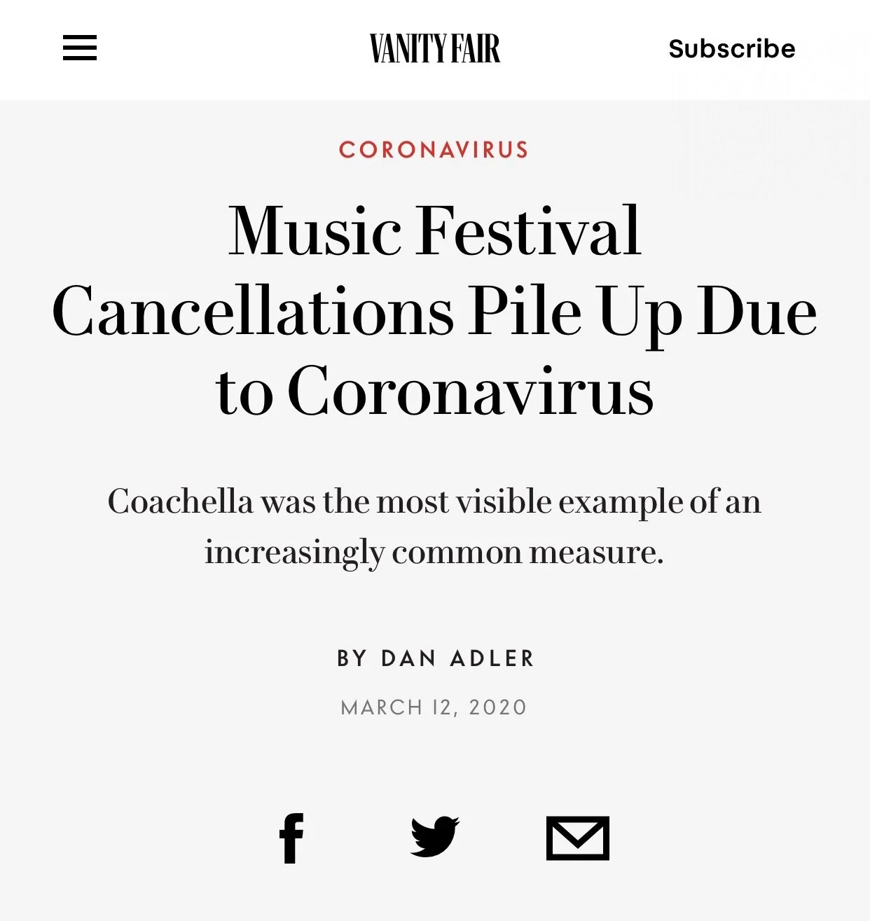 Vanity Fair: Music Festival Cancellations Pile Up Due to Coronavirus