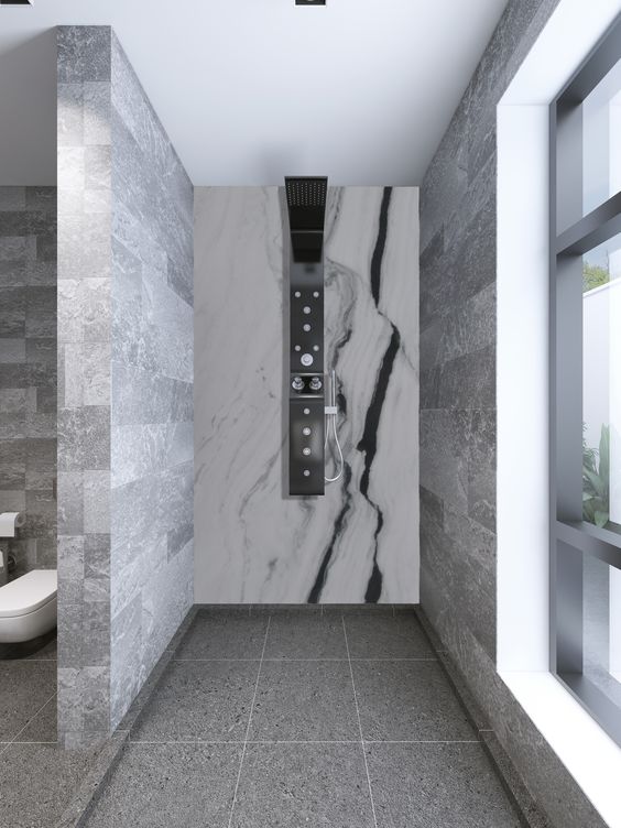 mix a statement slab with a large format floor for a contemporary look.