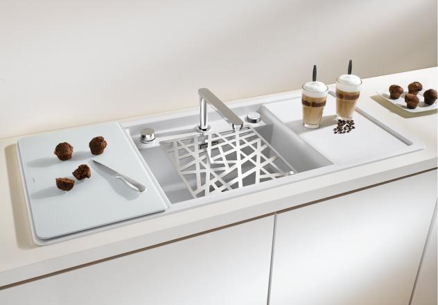 the blanco alaros with decorative strainer (amazing) and glass cover (left) to slide over when done. SO. AMAZING.