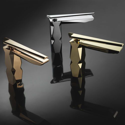 maier contemporary single hole lav faucets with top lever handles in tungsten rose gold and 24 karat gold