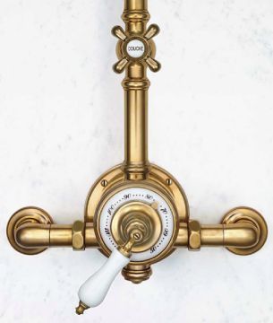waterworks valve trim with volume control handle and porcelain lever in unlacquered brass - the ultimate guide to luxury plumbing by the delight of design