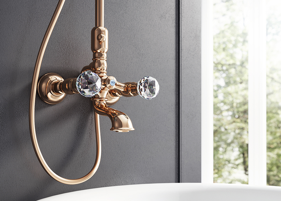 webert wall mounted tub shower filler with crystal knob handles in polished rose gold - the ultimate guide to luxury plumbing by the delight of design
