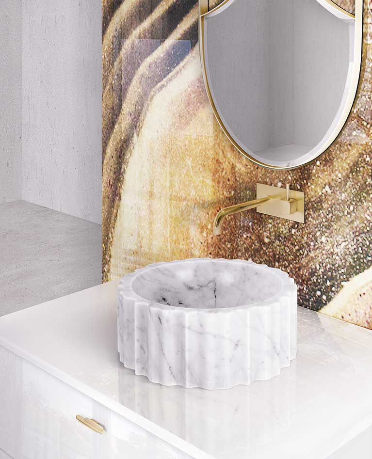 maison valentina contemporary wall mounted lav faucet with remote valve 90 degree spout in unlacquered brass marble vessel sink - the ultimate guide to luxury plumbing by the delight of design