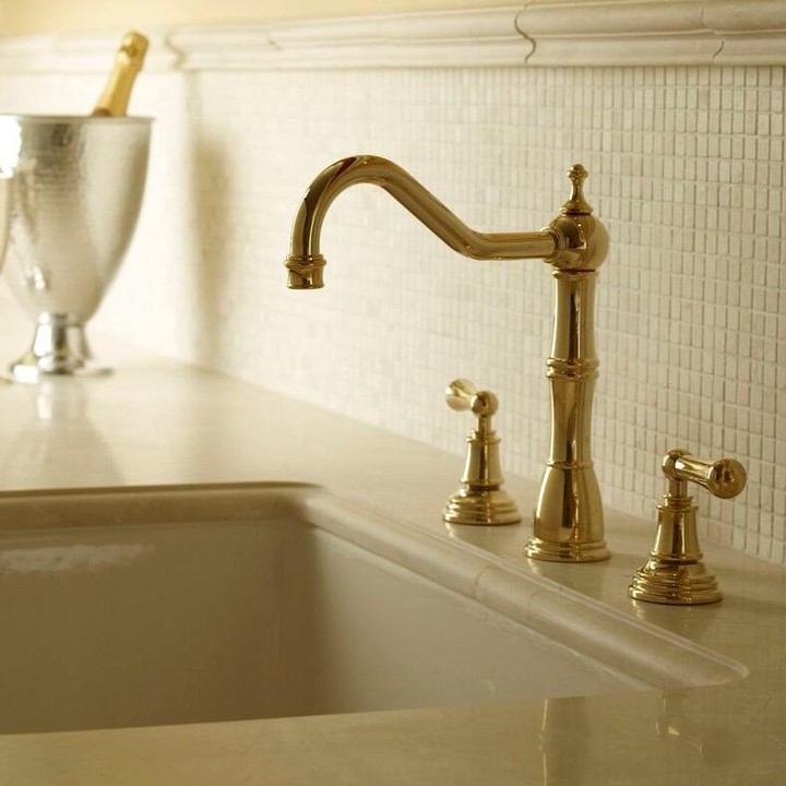 rohl traditional widespread kitchen faucet with low spout and lever handles in unlacquered brass - the ultimate guide to luxury plumbing by the delight of design