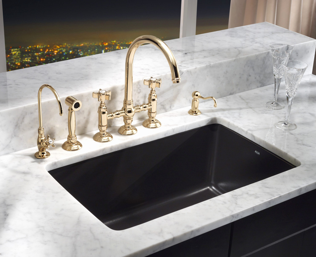rohl traditional three hole bridge faucet with gooseneck spout and cross handles with sidespray and drinking faucet in polished gold - the ultimate guide to luxury plumbing by the delight of design