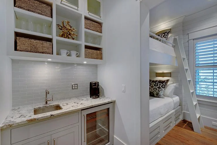 modern coffee bar in bedroom with built in bunk beds