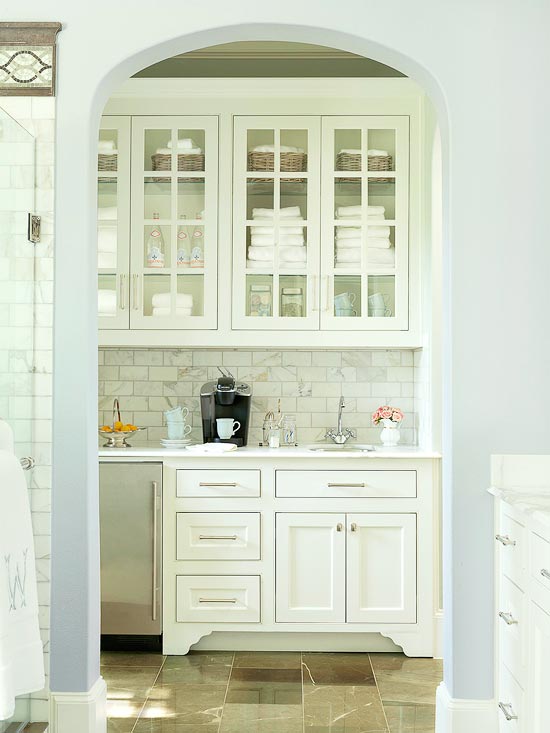 beautiful transitional and fresh coffee bar in master suite