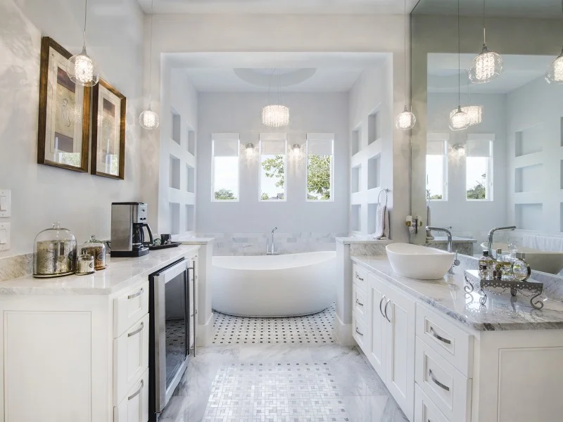 contemporary master bathroom with coffee bar