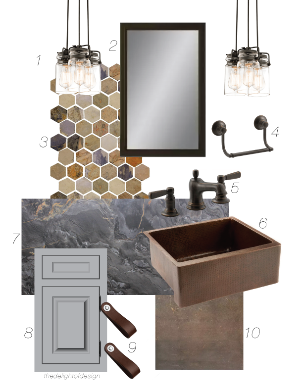 rustic farmhouse concept board using a copper apron front sink, brushed granite, leather pulls, gray vanity, oil rubbed bronze fixtures, a slate mosaic, bundled pendant lights, and a porcelain flooring.