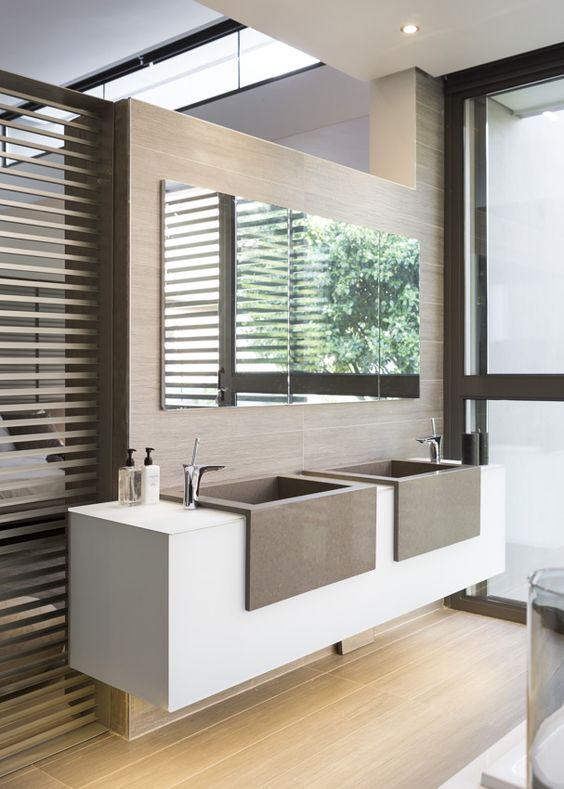 contemporary bathroom with contemporary minimalist apron front sinks in vanity and side mounted faucets