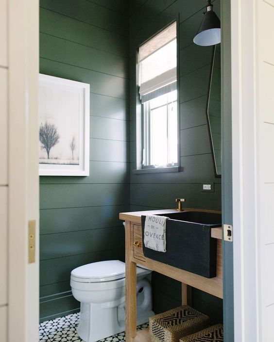 farmhouse style bathroom with apron front vanity sink