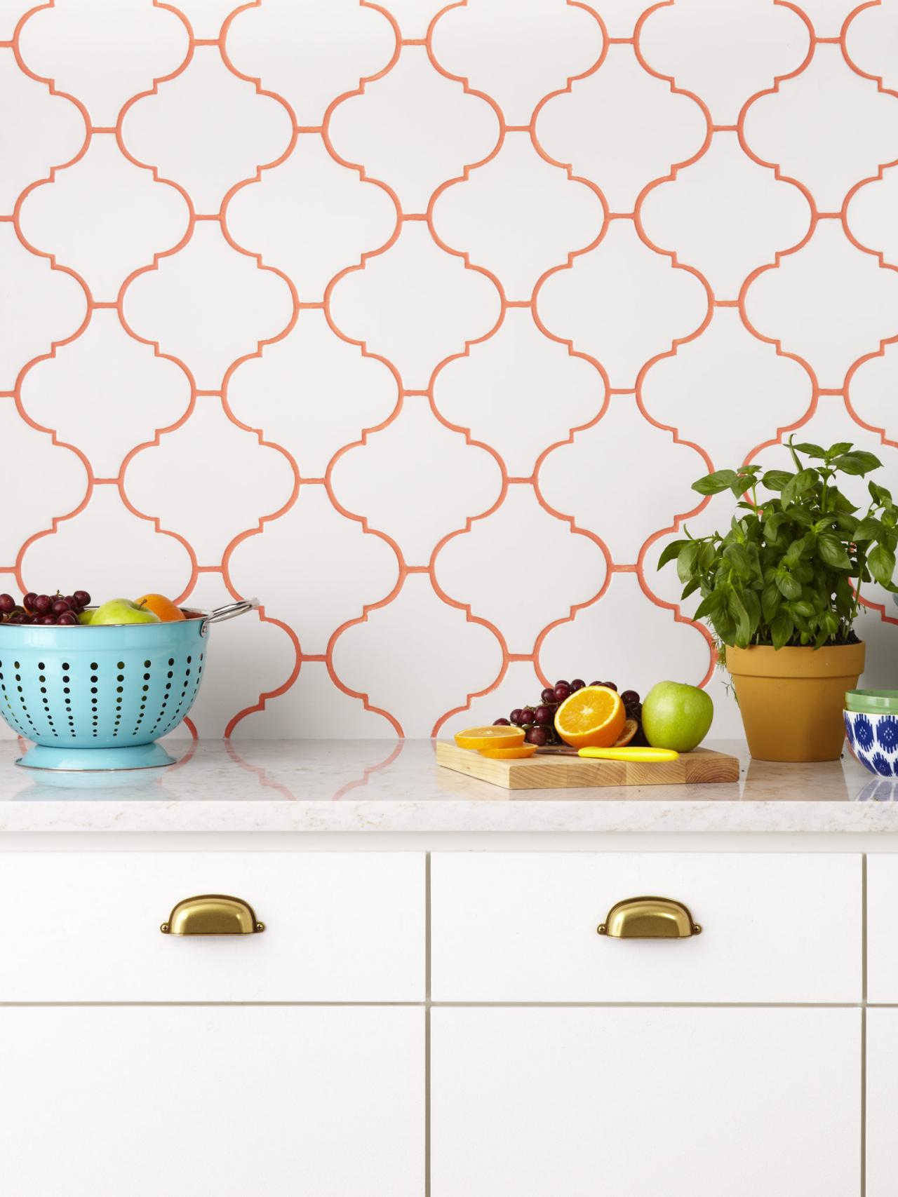 colored statement grout on arabesque ceramic tile mosaic