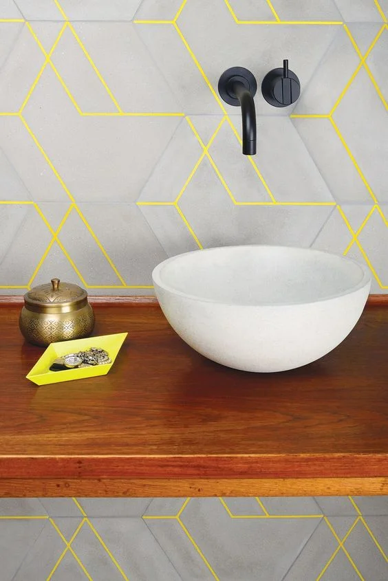 neon yellow statement color grout on cement tile