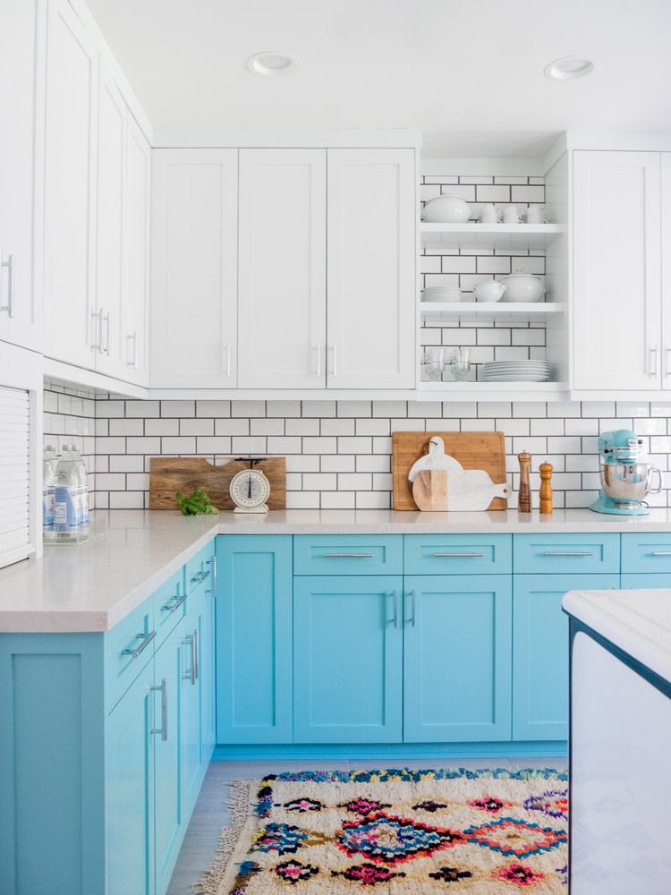 colorful kitchen blue shaker cabinets