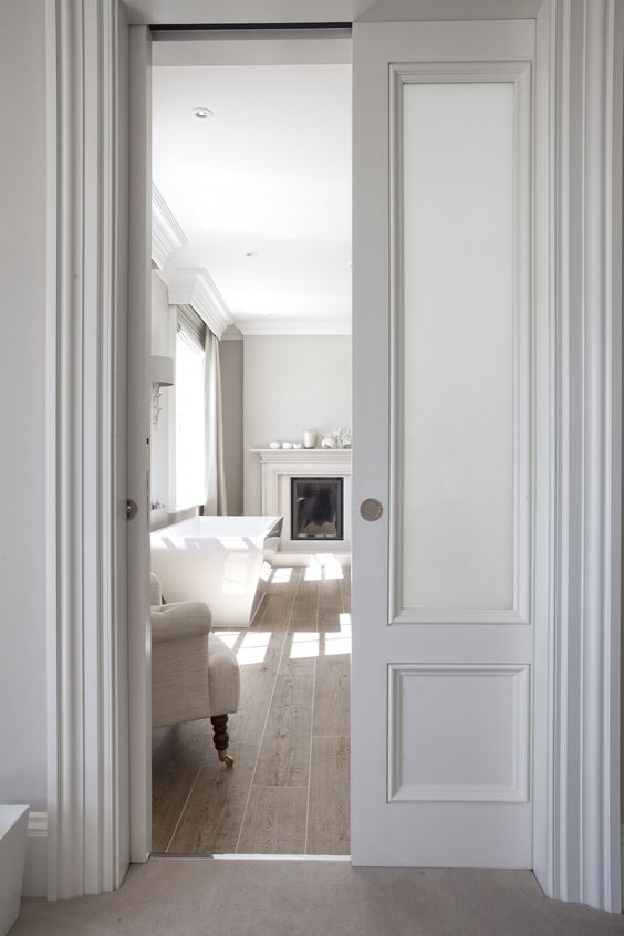 traditional white pocket door frosted glass