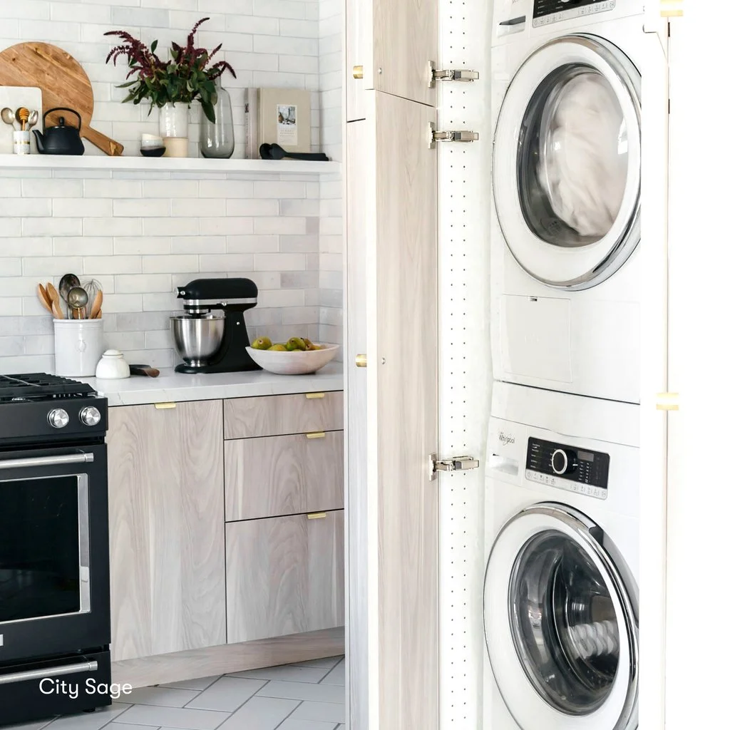 natural wood custom ikea cabinet laundry room utility storage brass finger pulls open shelving