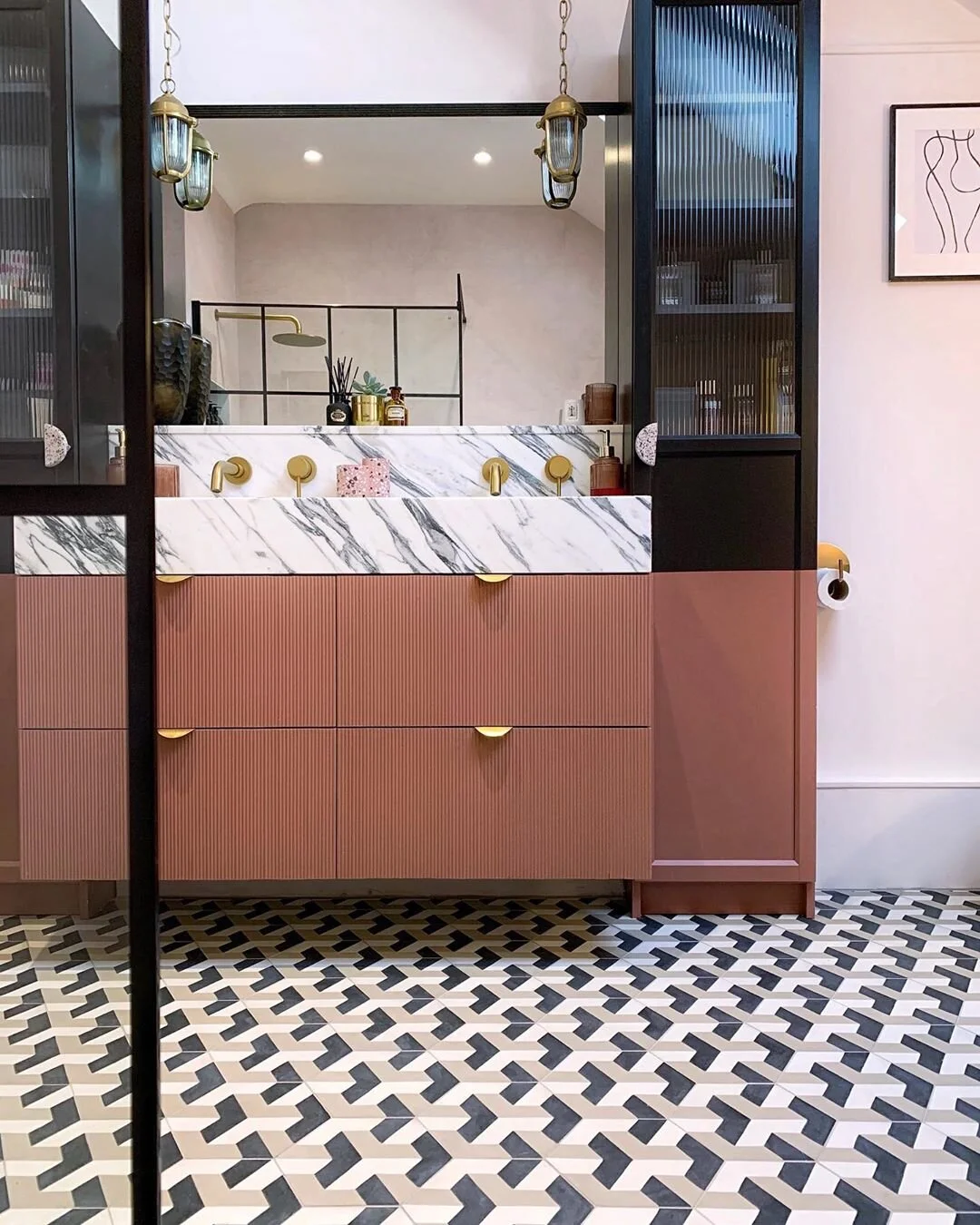 reeded bath vanity glass doors geometric tile