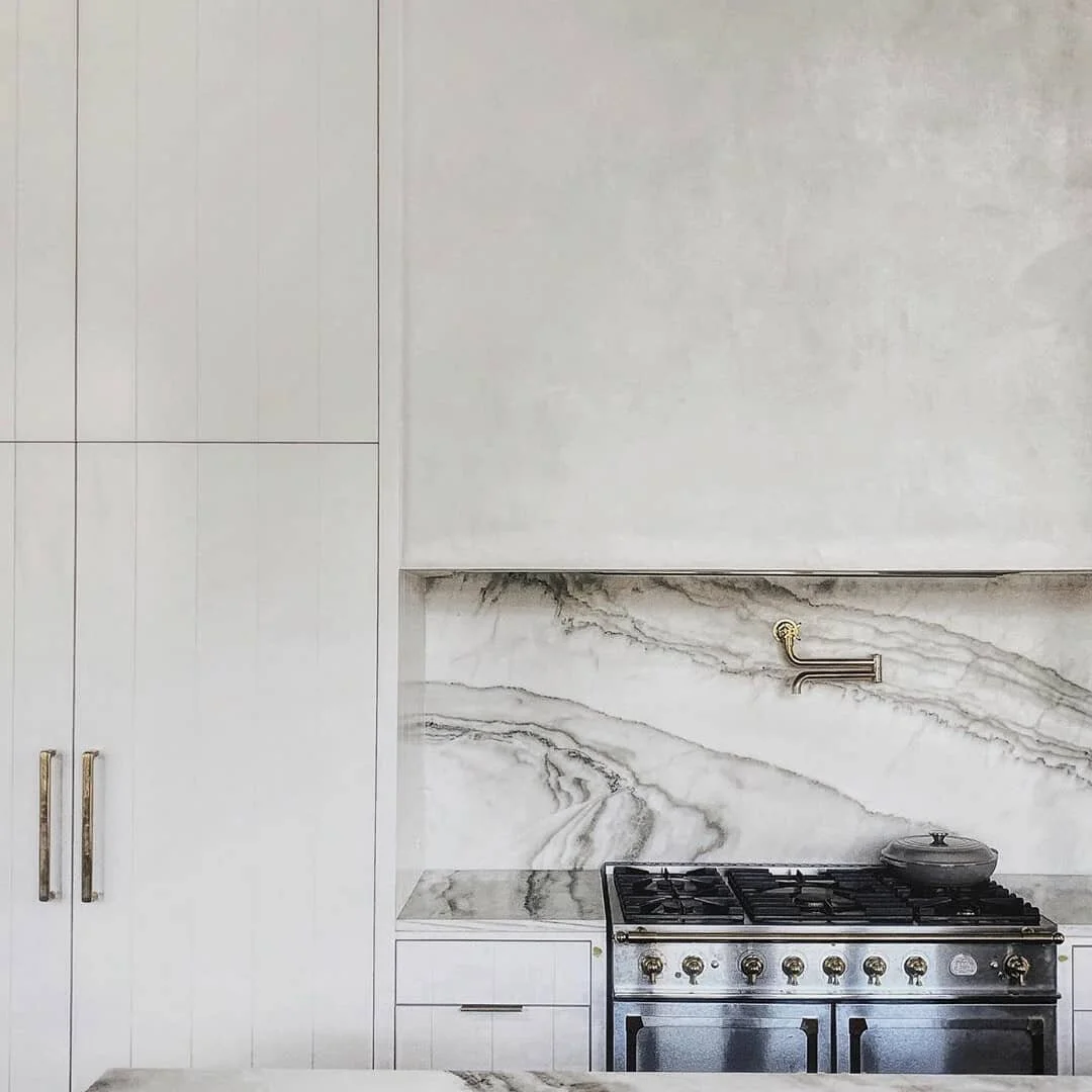 kitchen range plaster hood marble backsplash pot filler nickel hardware la cornue