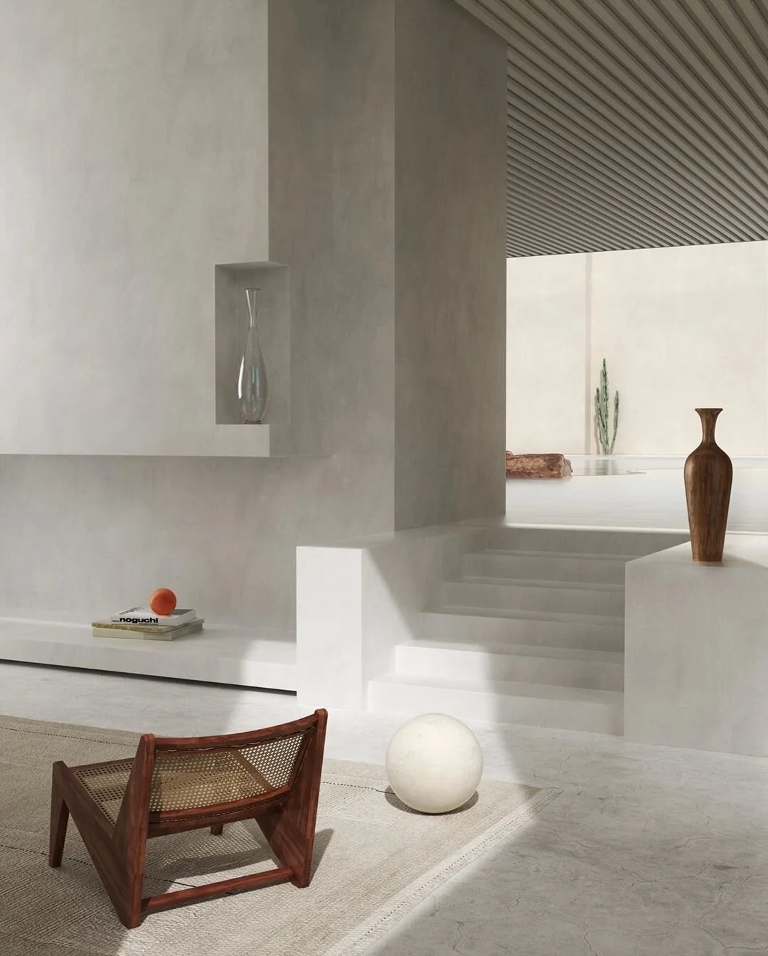 modern concrete architecture classic reed wood chair mid century infinity wading pool reflection pond noguchi