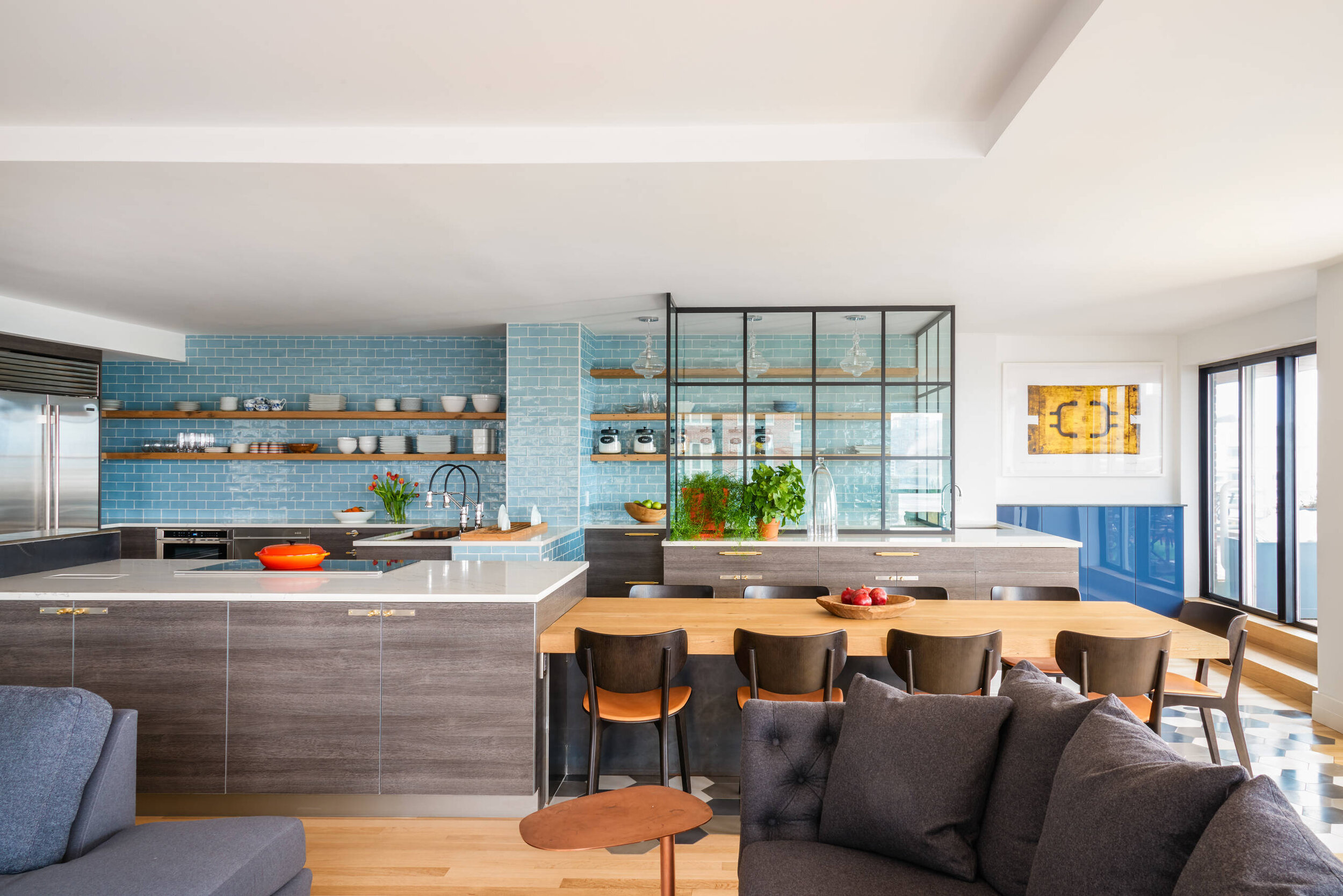 colorful feng shui open concept kitchen