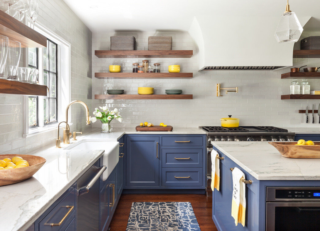 blue cabinets brass hardware unlacquered