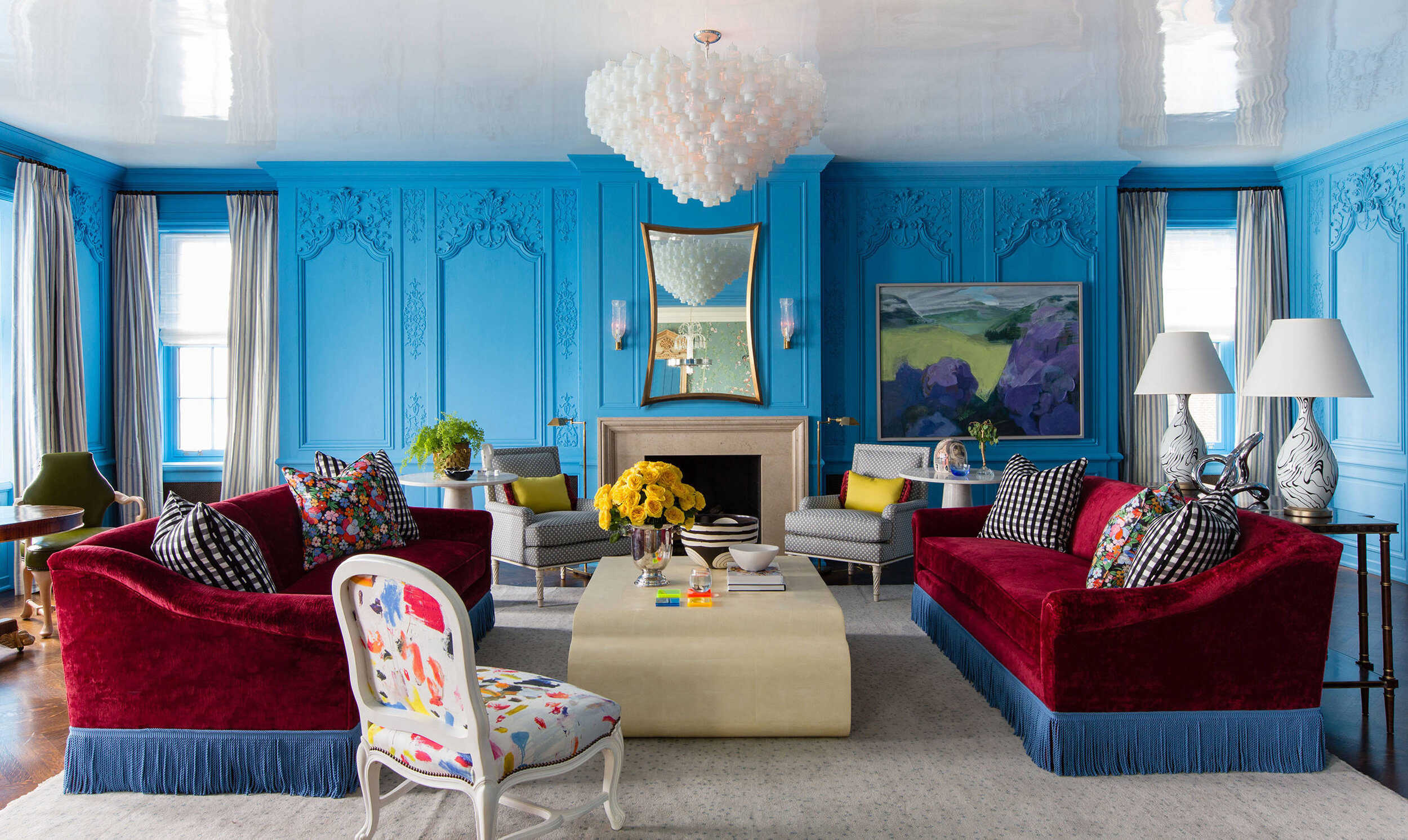 maximalist transitional colorful living room complementary color scheme rich luxe