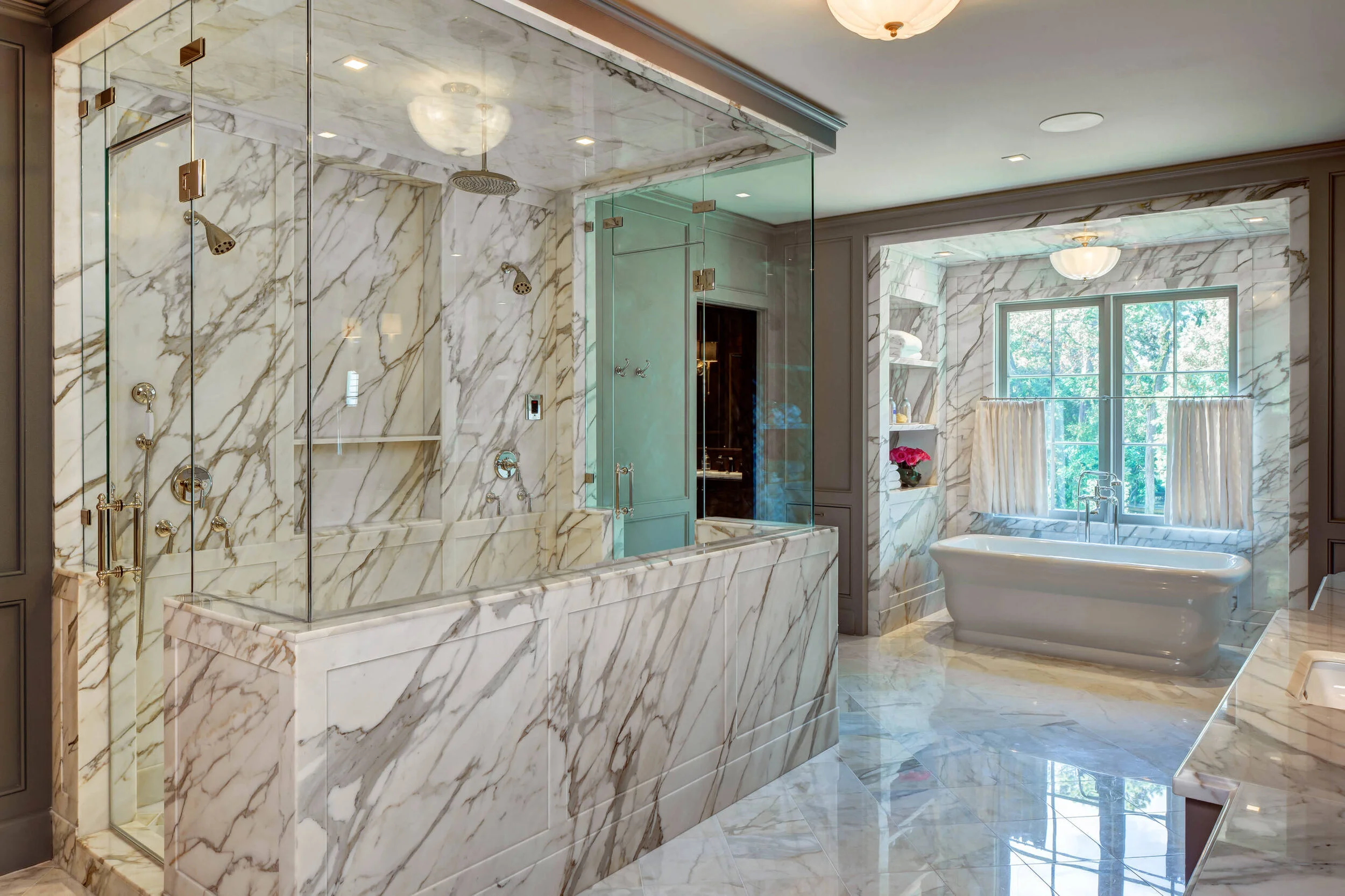 transitional traditional master bath marble shower polished nickel fixtures freestanding tub grey bath polished marble honed rain shower